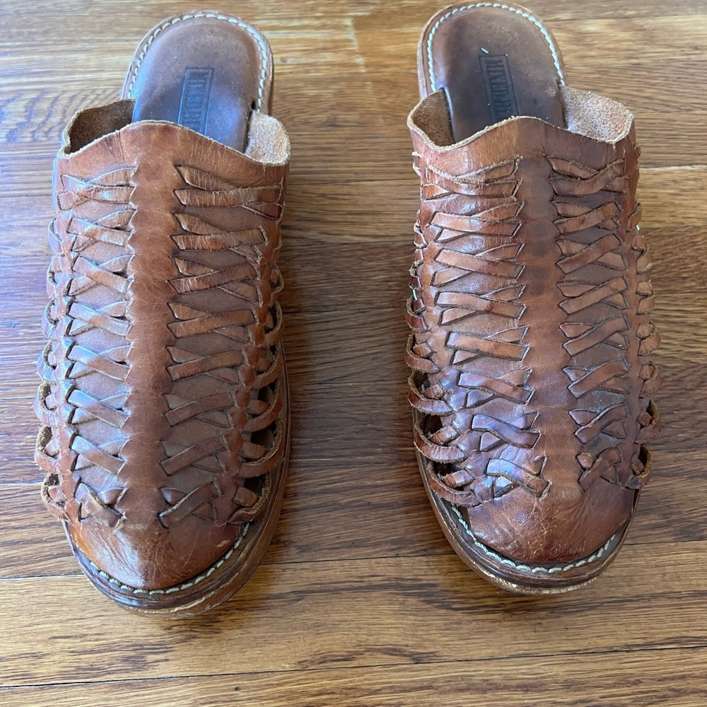Vintage huarache style woven leather clogs with wooden platform heel